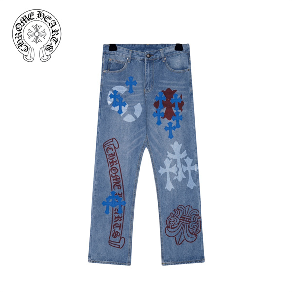 定番 クロムハーツ コピー ジーンズ クロス ロゴ レザー 貼り付け 落書き レトロ CHROME HEARTS