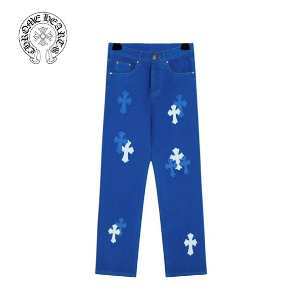 ロンドン限定 CHROME HEARTS コピー ジーンズ クロス ロゴ 貼り付け レザー メタル ブルー クロムハーツ
