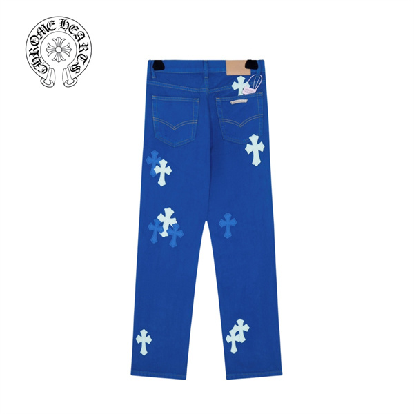 ロンドン限定 CHROME HEARTS コピー ジーンズ クロス ロゴ 貼り付け レザー メタル ブルー クロムハーツ
