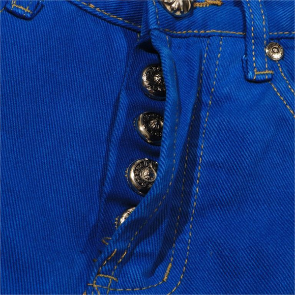 ロンドン限定 CHROME HEARTS コピー ジーンズ クロス ロゴ 貼り付け レザー メタル ブルー クロムハーツ