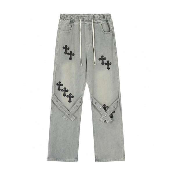 2024SS クロムハーツ コピー ジーンズ レザー ロゴ ユニセックス ゆったり メタル 飾り CHROME HEARTS