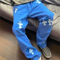 ロンドン限定 CHROME HEARTS コピー ジーンズ クロス ロゴ 貼り付け レザー メタル ブルー クロムハーツ