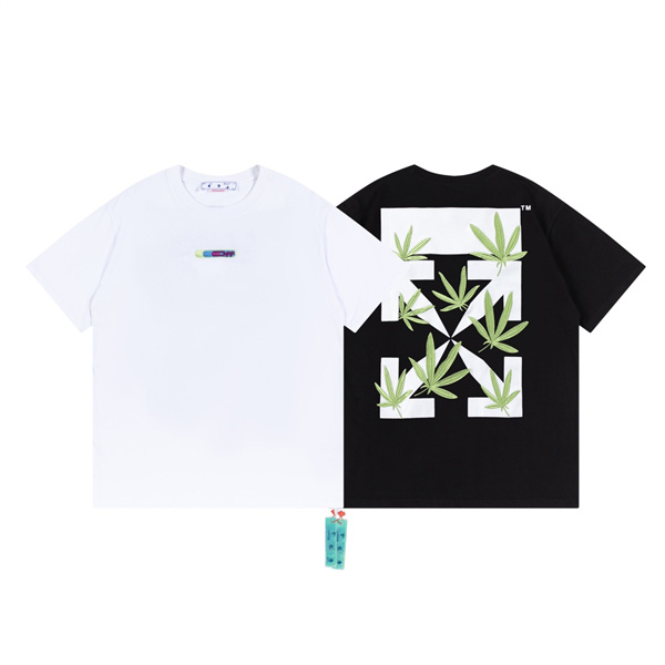 Off-White スーパーコピー Ｔシャツ WeedArrow 葉 ゆったり オーバーサイズ 刺繍 2色 オフホワイト
