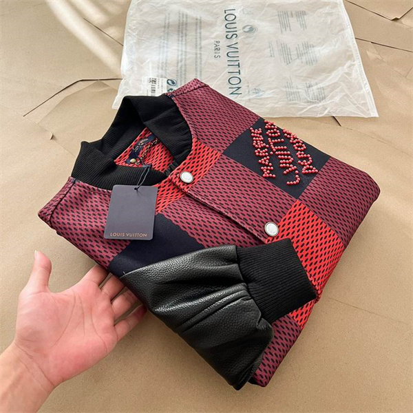 LOUIS VUITTON コピー ジャケット ブラックレザー袖 チェック柄 エンブレムスナップボタン ルイヴィトン