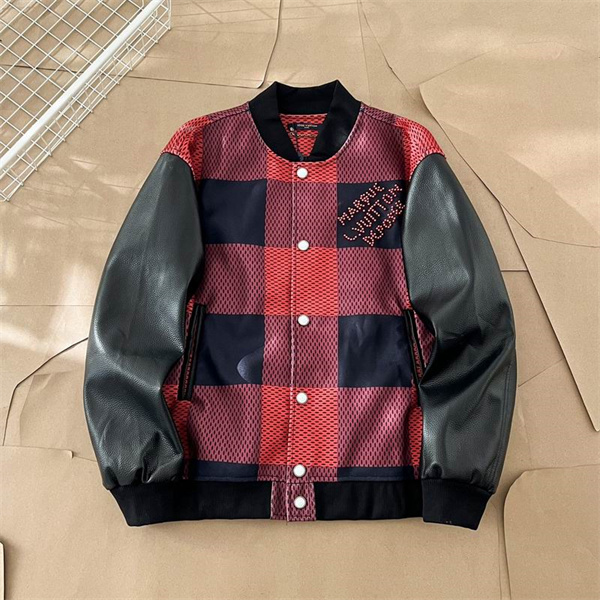 LOUIS VUITTON コピー ジャケット ブラックレザー袖 チェック柄 エンブレムスナップボタン ルイヴィトン