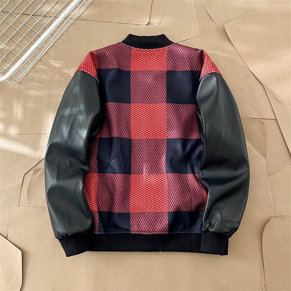 LOUIS VUITTON コピー ジャケット ブラックレザー袖 チェック柄 エンブレムスナップボタン ルイヴィトン