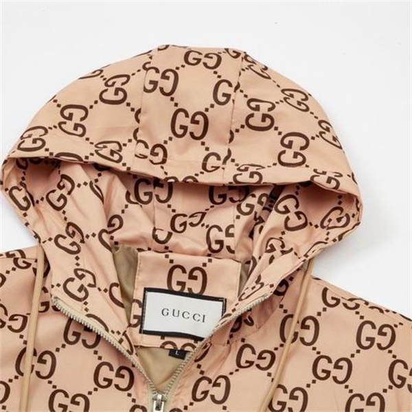 GUCCI スーパーコピー ジャケット GG モノグラム ロゴ ベージュカラー グリーンストライプ フード付き グッチ