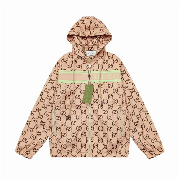 GUCCI スーパーコピー ジャケット GG モノグラム ロゴ ベージュカラー グリーンストライプ フード付き グッチ
