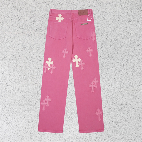 クロムハーツ スーパーコピー ジーンズ ピンク デニム クロス レザーパッチ CHROME HEARTS