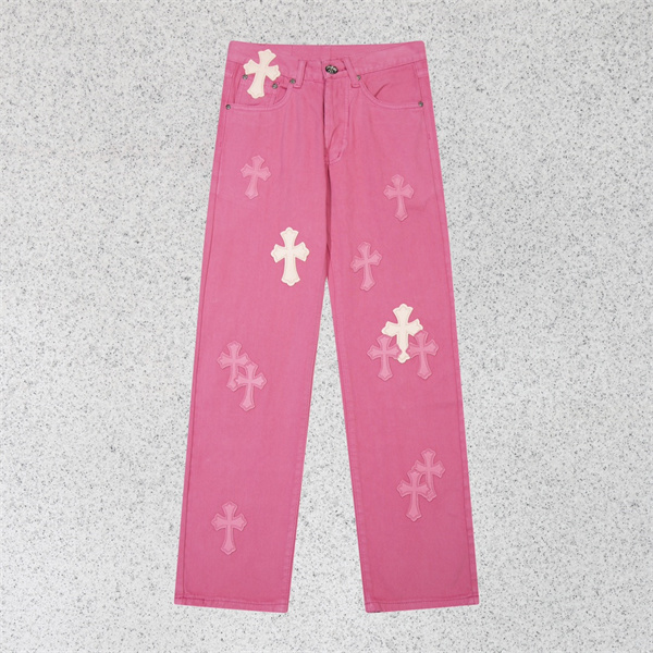 クロムハーツ スーパーコピー ジーンズ ピンク デニム クロス レザーパッチ CHROME HEARTS