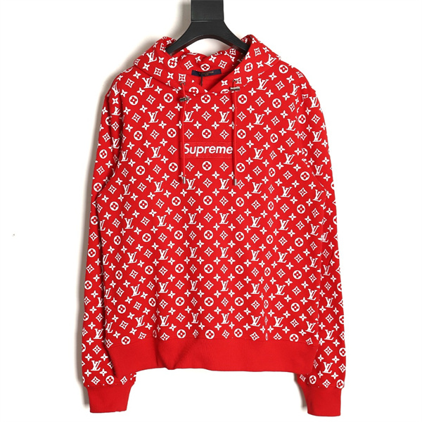 Supreme x ルイヴィトン 偽物 パーカー 赤地 白 LV モノグラム 刺繍 ストリートスタイル LOUIS VUITTON