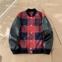 LOUIS VUITTON コピー ジャケット ブラックレザー袖 チェック柄 エンブレムスナップボタン ルイヴィトン