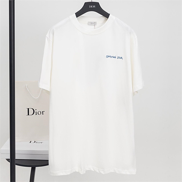 ディオール スーパーコピー Tシャツ ロゴ刺繍 ホワイトベース ブルー刺繍 DIOR