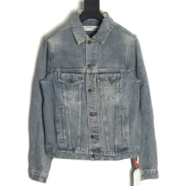 オフホワイト コピー デニムジャケット 矢印ロゴ ピンクパープルグラデーション ヴィンテージ風 Off-White