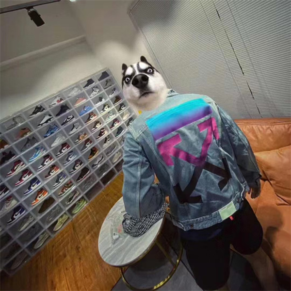 オフホワイト コピー デニムジャケット 矢印ロゴ ピンクパープルグラデーション ヴィンテージ風 Off-White