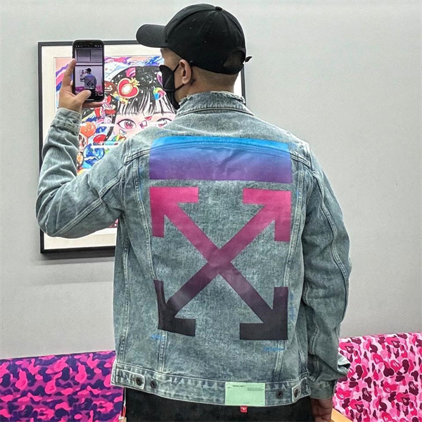 オフホワイト コピー デニムジャケット 矢印ロゴ ピンクパープルグラデーション ヴィンテージ風 Off-White