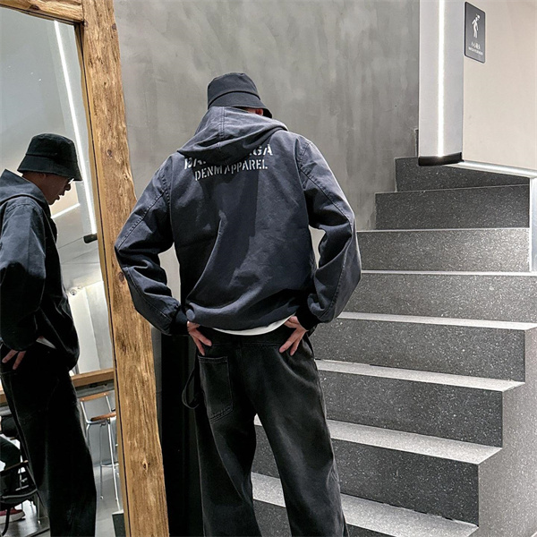 バレンシアガ コピー デニムジャケット バックロゴ フーディー ディープブルー BALENCIAGA 