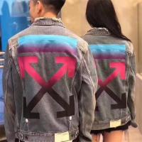 オフホワイト コピー デニムジャケット 矢印ロゴ ピンクパープルグラデーション ヴィンテージ風 Off-White