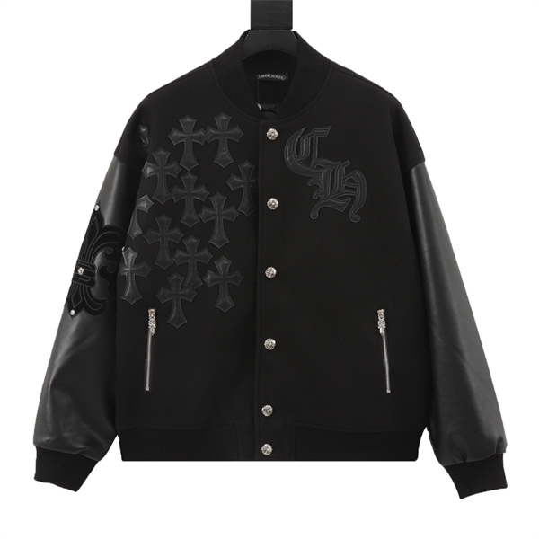 CHROME HEARTS 偽物 ジャケット クロスデザイン レザー袖 シルバーボタン クロムハーツ