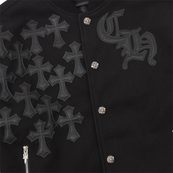 CHROME HEARTS 偽物 ジャケット クロスデザイン レザー袖 シルバーボタン クロムハーツ