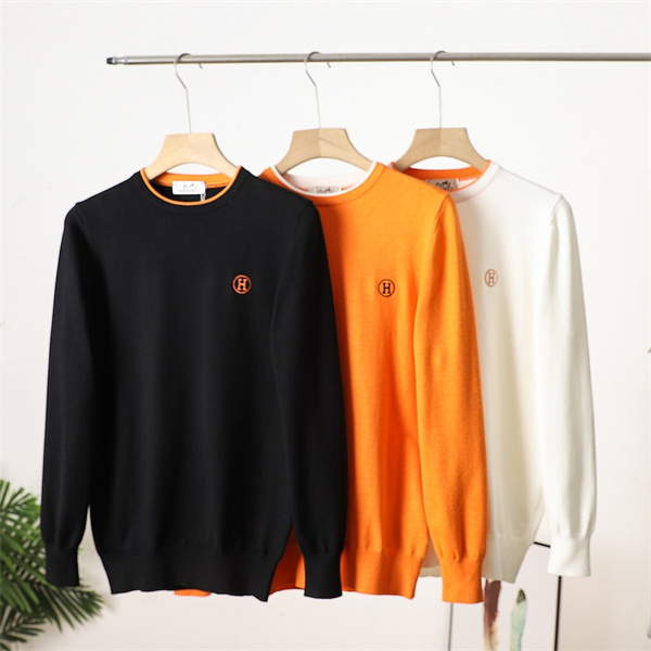 HERMES コピー セーター クルーネック オレンジ刺繍 Hロゴ エルメス