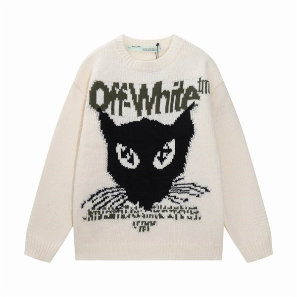 Off-White 偽物 セーター 猫イラスト ロゴ 刺繍 インパクト 大胆 アート オフホワイト