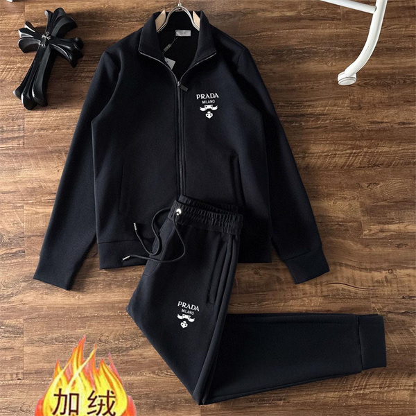 PRADA スーパーコピー セットアップ ロゴ ミラノ 現代的 裏起毛 ブラック シンプル プラダ