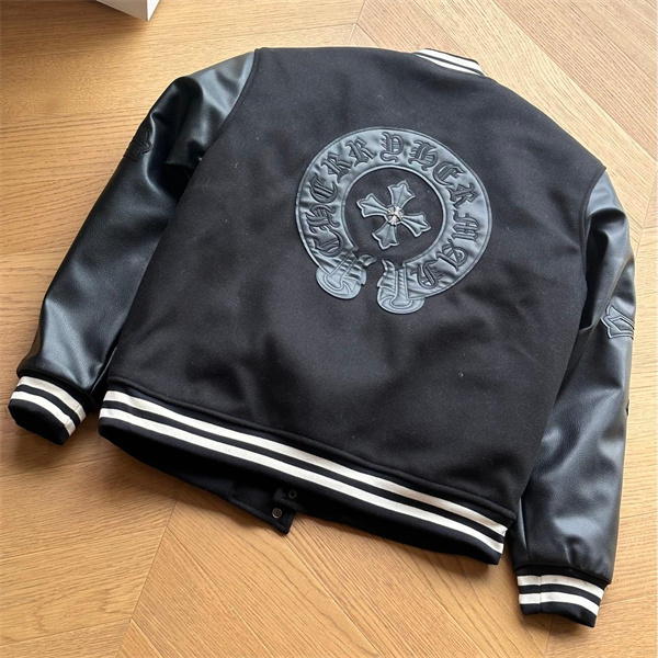 クロムハーツ スーパーコピー スタジアムジャケット ウール レザー 袖 立体刺繍 クロスパッチ CHROME HEARTS
