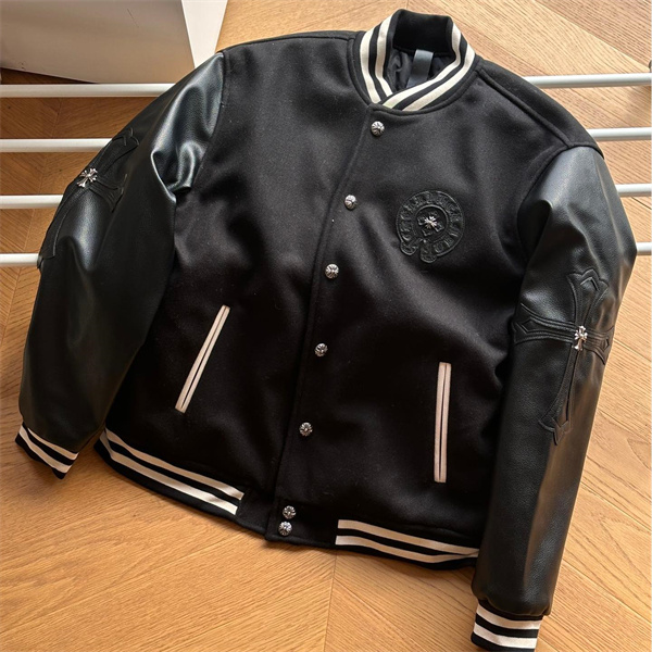 クロムハーツ スーパーコピー スタジアムジャケット ウール レザー 袖 立体刺繍 クロスパッチ CHROME HEARTS