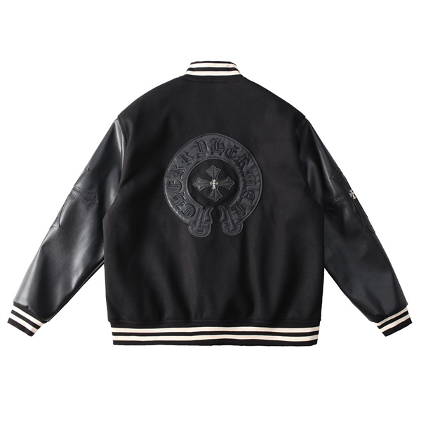クロムハーツ コピー スタジアムジャケット クロスモチーフ 立体刺繍 シグネチャーロゴ レザー袖 CHROME HEARTS