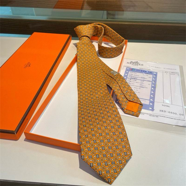 HERMES スーパーコピー ネクタイ オレンジ 幾何学模様 シルク素材 エルメス