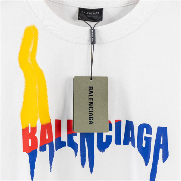 バレンシアガ 偽物 Tシャツ ロゴ インク ドリップデザイン 赤と青 印刷 シンプルな色使い BALENCIAGA