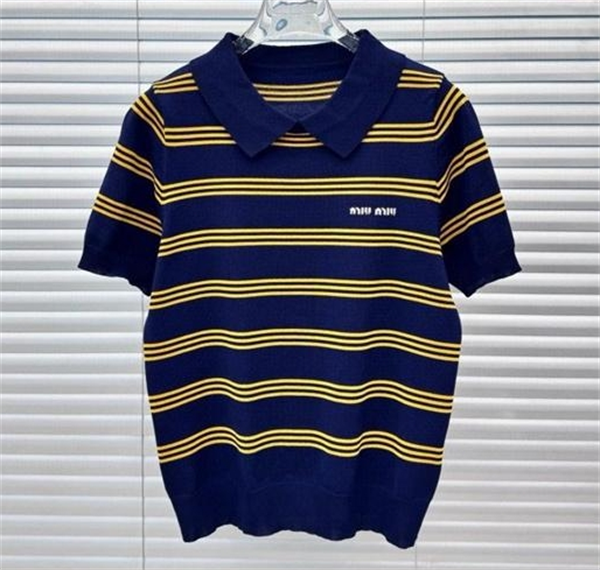 MIUMIU 偽物 Tシャツ ストライプ ロゴ カジュアル ポロシャツ モダン ミュウミュウ