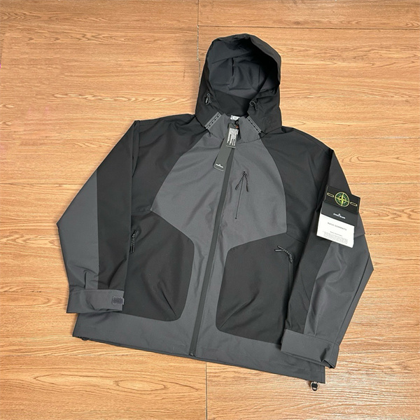 ストーンアイランド STONE ISLAND スーパーコピー  ジャケット ブラック ライトグレー ロゴ フード付き 防風 ジッパーポケット