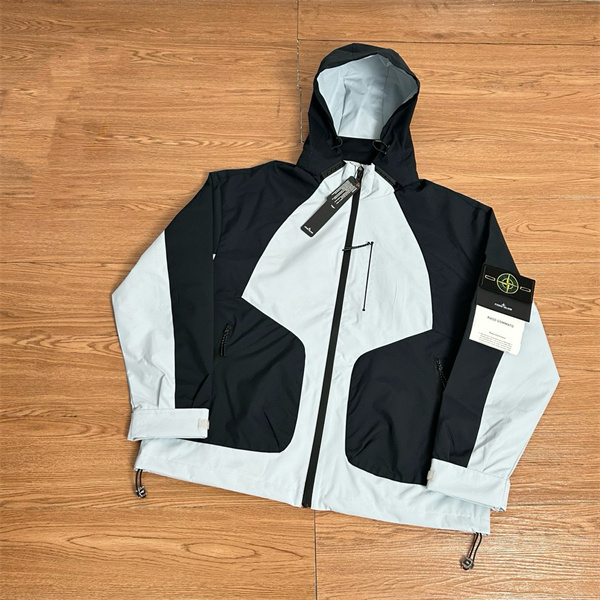 ストーンアイランド STONE ISLAND スーパーコピー  ジャケット ブラック ライトグレー ロゴ フード付き 防風 ジッパーポケット