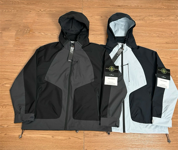 ストーンアイランド STONE ISLAND スーパーコピー  ジャケット ブラック ライトグレー ロゴ フード付き 防風 ジッパーポケット