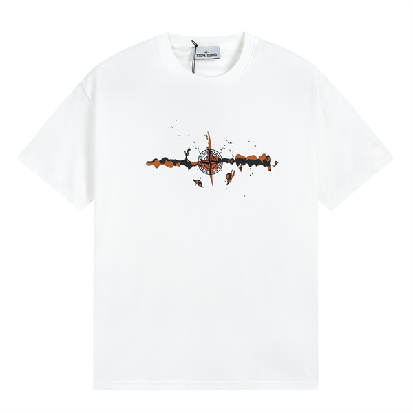 STONE ISLAND コピー Tシャツ 白 ボディ 爆発的デザイン 黒 ロゴ コットン カジュアル ファッション ストーンアイランド