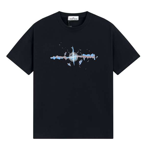 STONE ISLAND コピー Tシャツ 白 ボディ 爆発的デザイン 黒 ロゴ コットン カジュアル ファッション ストーンアイランド