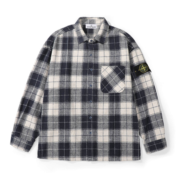 STONE ISLAND 偽物 チェックシャツ メンズ ブラウン チェック柄 アイコニックパッチ ストーンアイランド