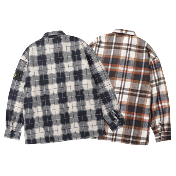 STONE ISLAND 偽物 チェックシャツ メンズ ブラウン チェック柄 アイコニックパッチ ストーンアイランド