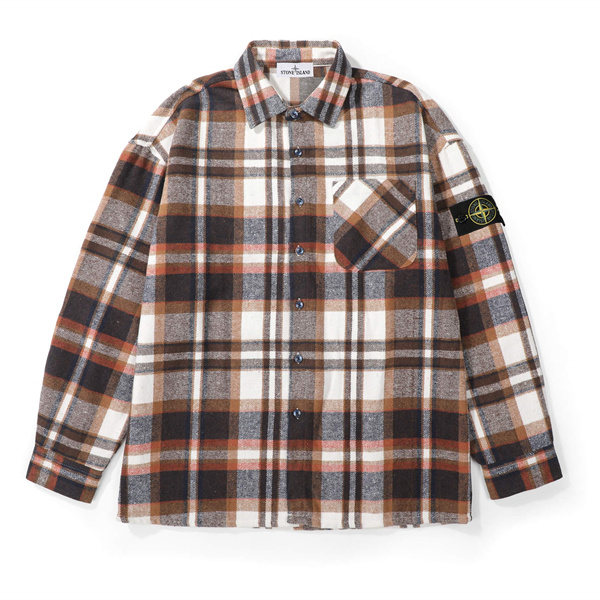 STONE ISLAND 偽物 チェックシャツ メンズ ブラウン チェック柄 アイコニックパッチ ストーンアイランド