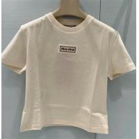 ミュウミュウ コピー Tシャツ ベージュコットン ロゴエンブレムシンプルエレガント MIUMIU