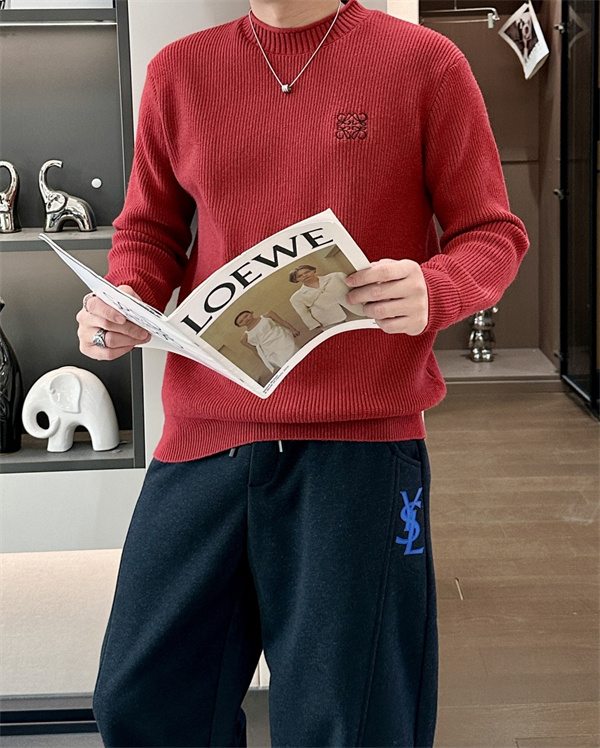リブ編みセーター LOEWE コピーロゴ入りレッドカラー 長袖 メンズ トップス
