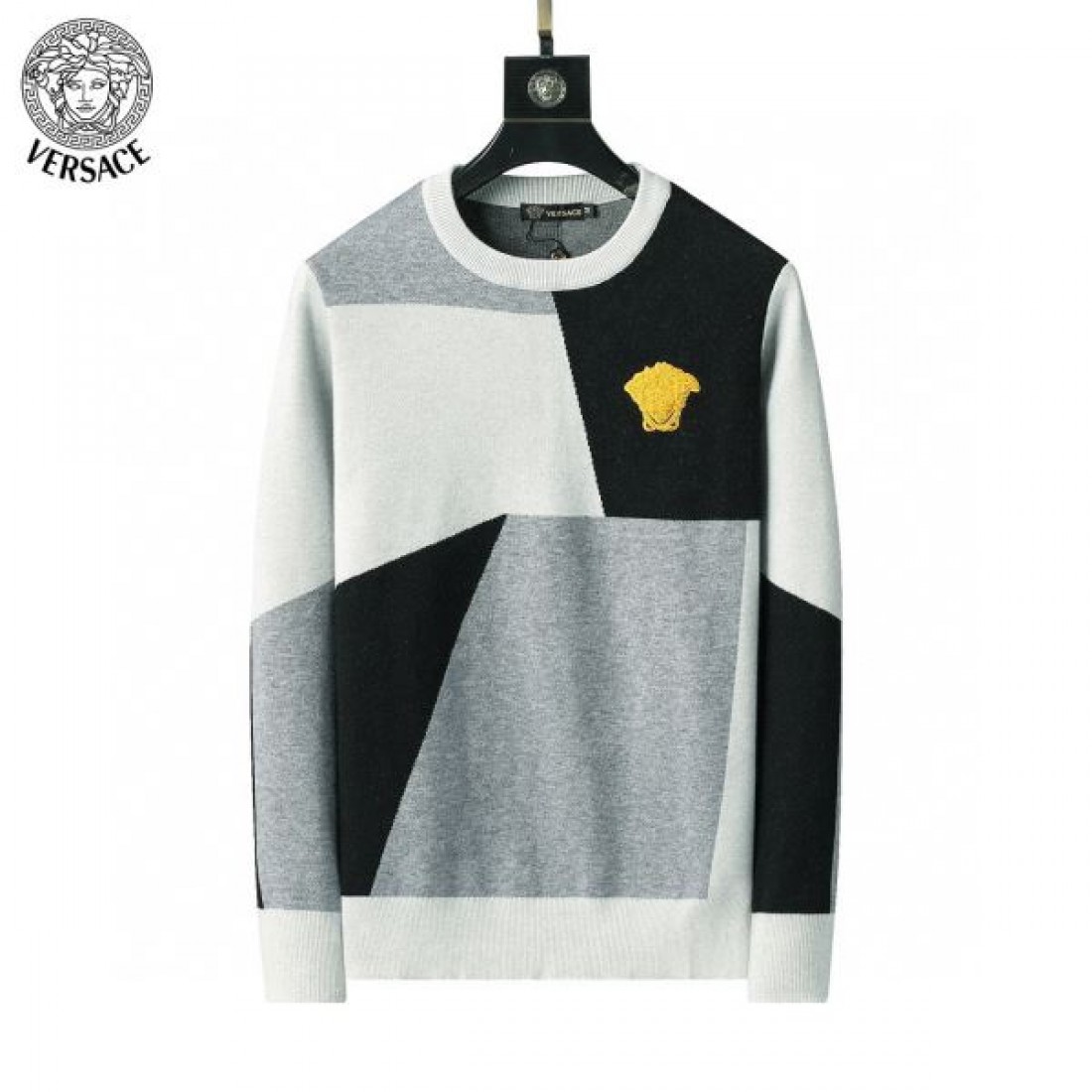 VERSACE ヴェルサーチ コピー メンズ長袖ニットセーター 視線を引く 幾何学カラーブロック メドゥーサアクセント クルーネック