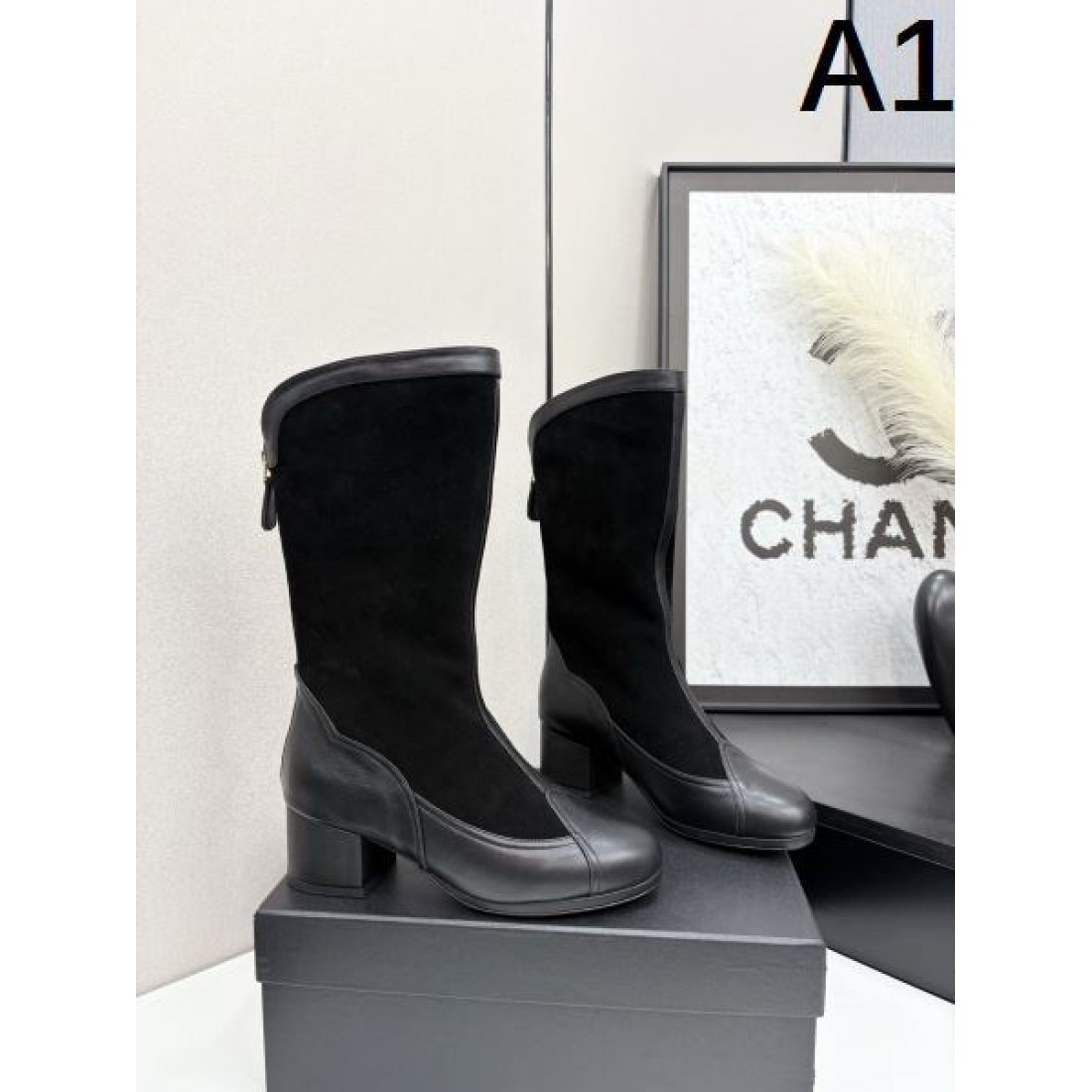 スエードコンビ CHANEL シャネル コピー ロングブーツ ブラック×ベージュ配色 太ヒール仕様 上品なクラシックスタイル
