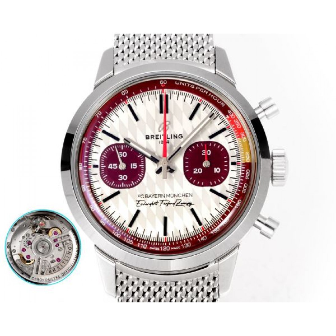 BREITLING ブライトリング 腕時計 クロノグラフ調 メタルメッシュベルト 細密インデックス 立体ケース 注目度高め