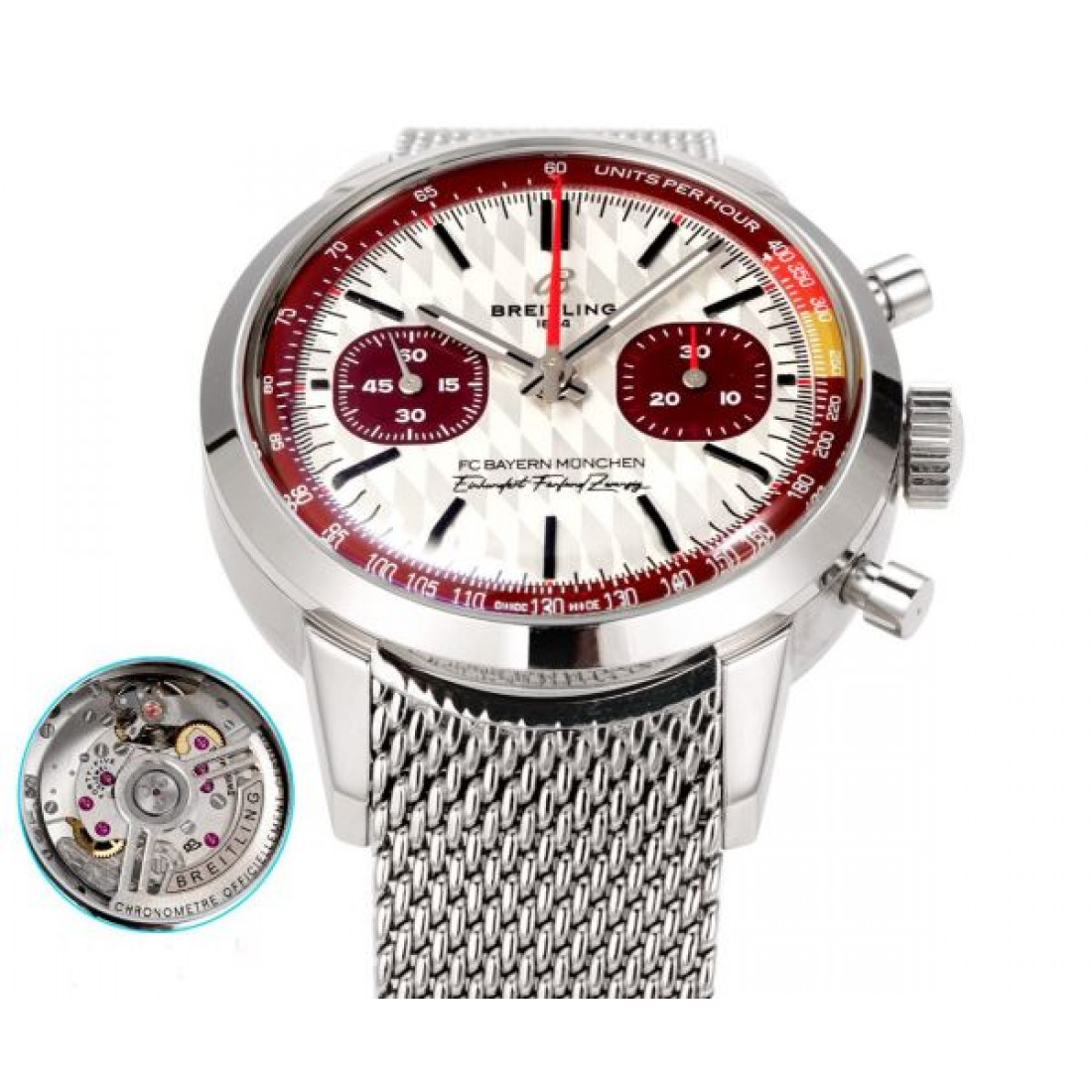 BREITLING ブライトリング 腕時計 クロノグラフ調 メタルメッシュベルト 細密インデックス 立体ケース 注目度高め