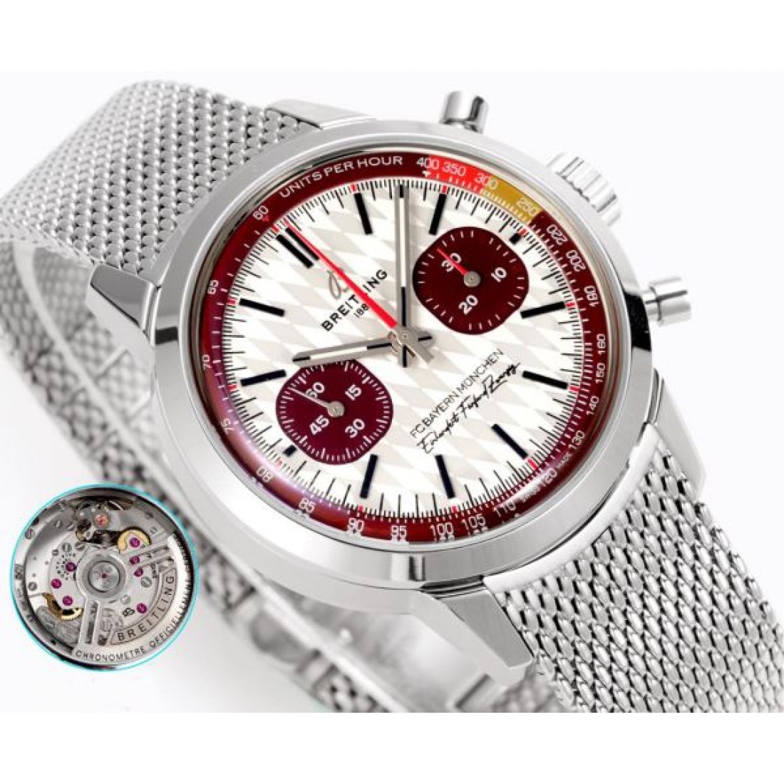 BREITLING ブライトリング 腕時計 クロノグラフ調 メタルメッシュベルト 細密インデックス 立体ケース 注目度高め