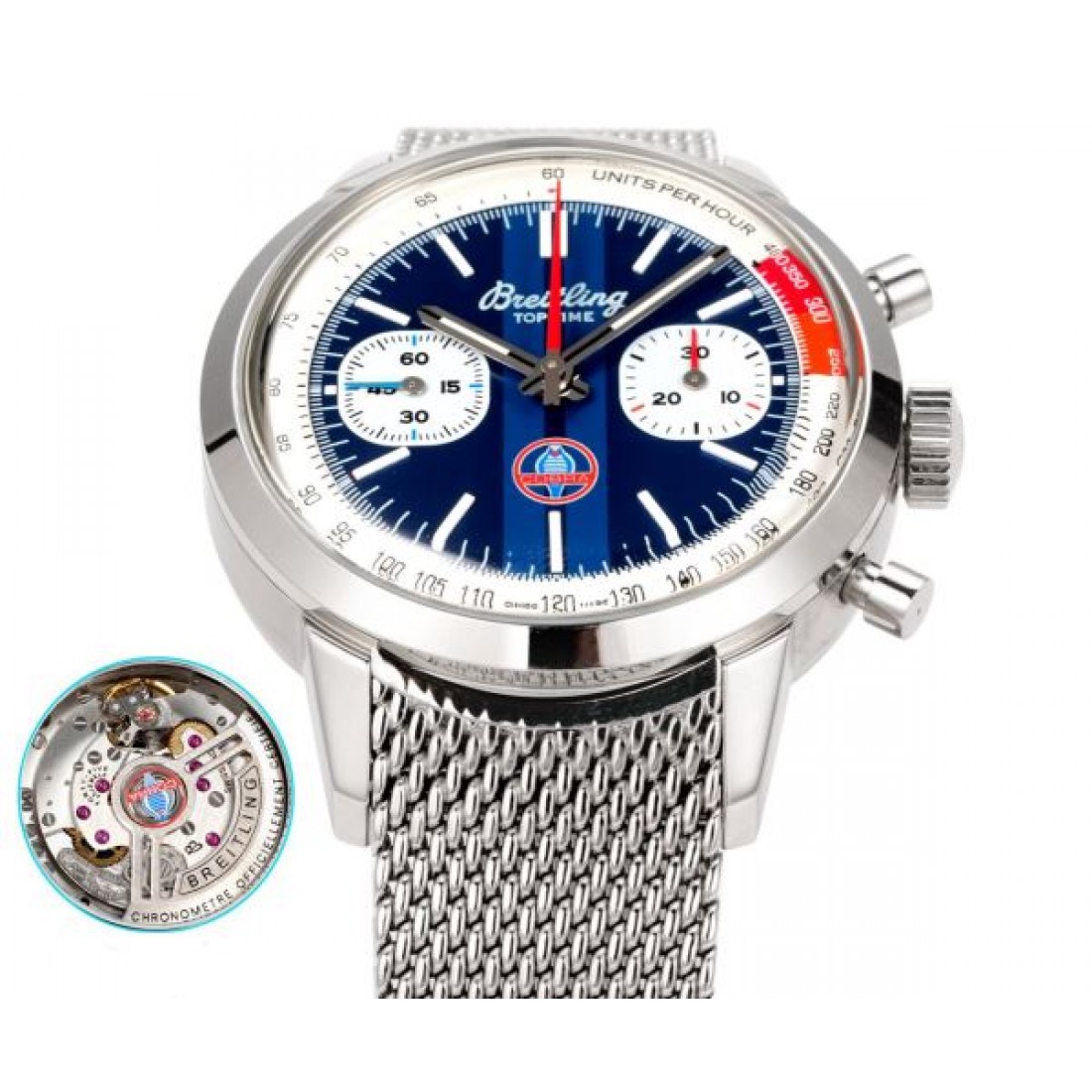 クロノグラフ調 メタルメッシュベルト 視認性インデックス BREITLING ブライトリング コピー 腕時計 立体ケース 注目度高め
