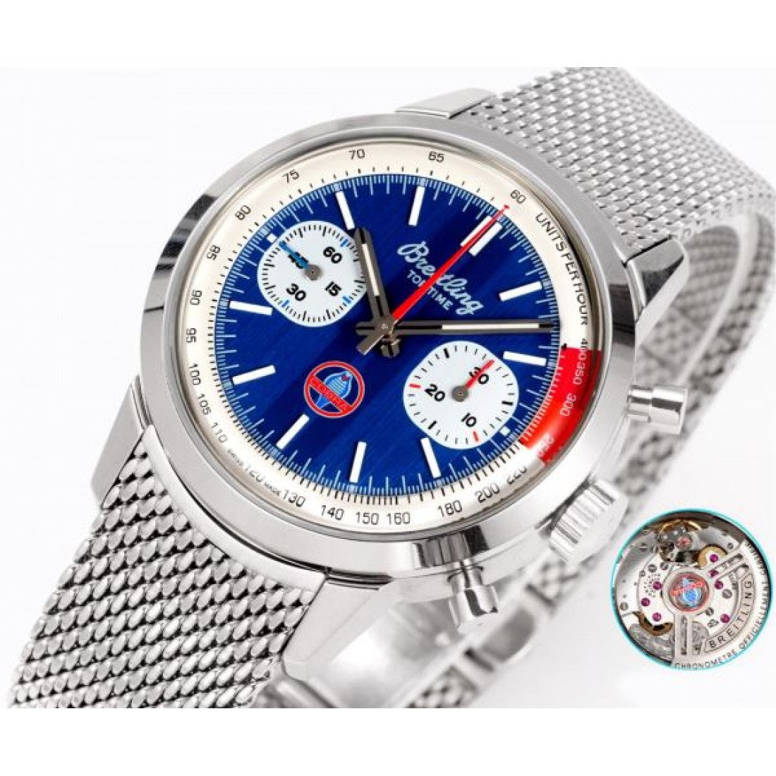 クロノグラフ調 メタルメッシュベルト 視認性インデックス BREITLING ブライトリング コピー 腕時計 立体ケース 注目度高め